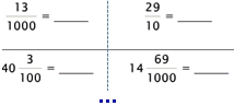 Convert - Fractions to Decimals - Level B1- Proper/Improper/Mixed Fractions, Denominator 10,100,1000 - Math Worksheet SampleDynamic